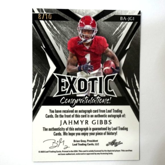 2023 Leaf Exotic Jahmyr Gibbs Rookie Auto #8/10 Alabama | Lions NM/MT - Picture 3 of 3